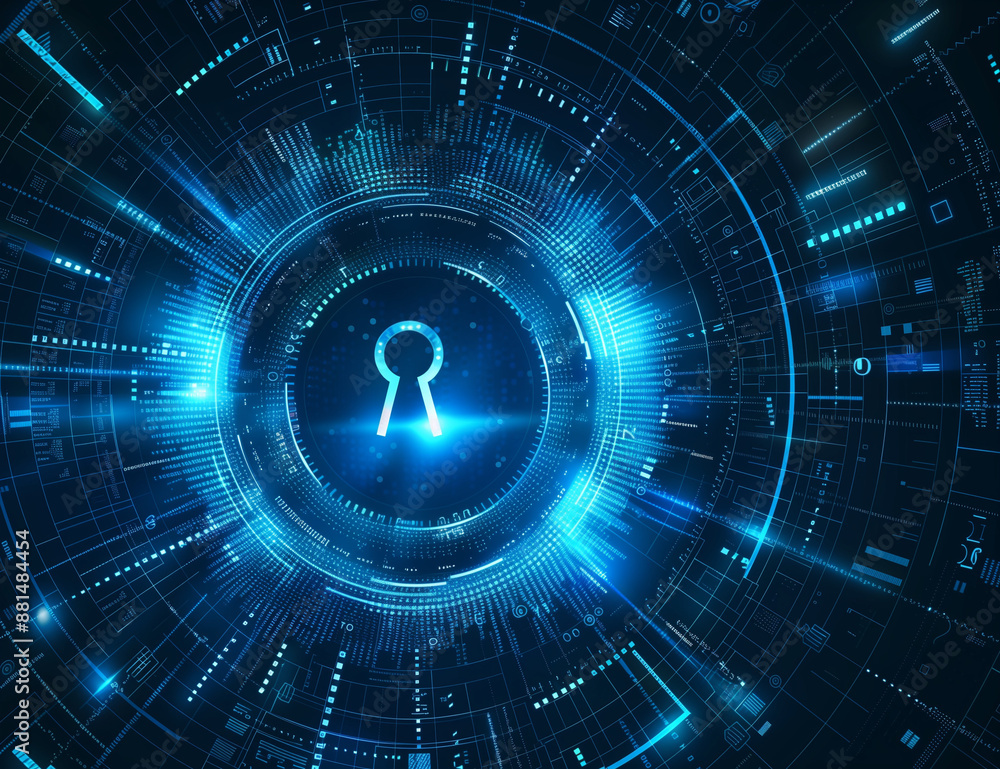 Obraz premium ector blue background with binary code and keyhole, security concept, tech style, black background,