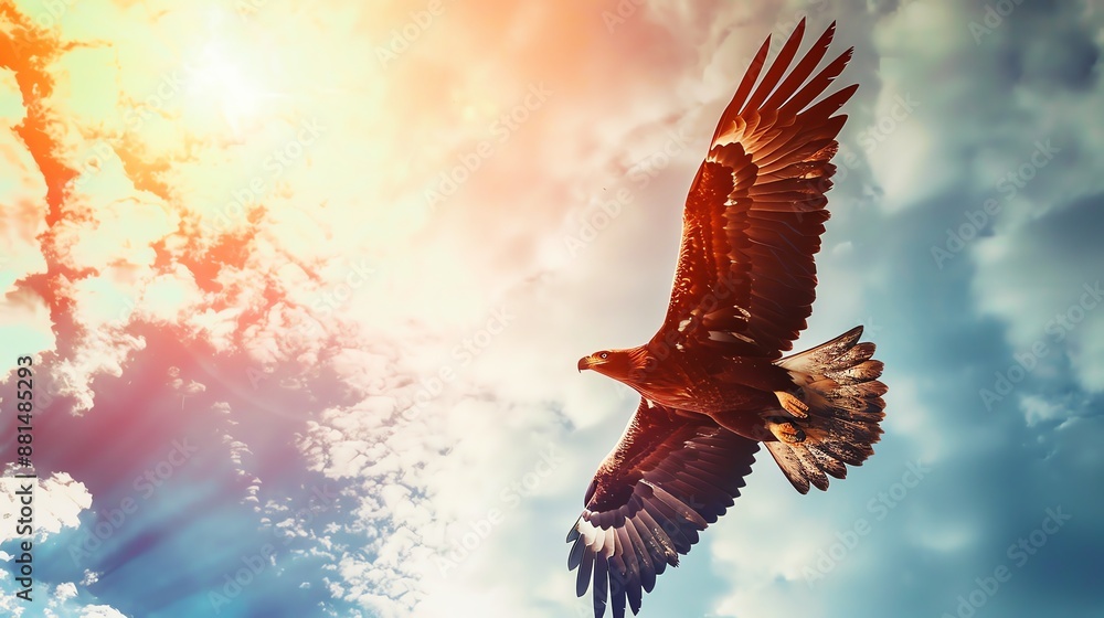 Fototapeta premium Majestic eagle flies through a vibrant sky with radiant sunlight and clouds, symbolizing freedom and power.