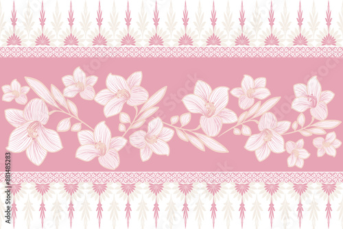 Pink floral themed fabric pattern,  and ethnic style embroidery for clothing texture, wrapping, carpet decoration.
