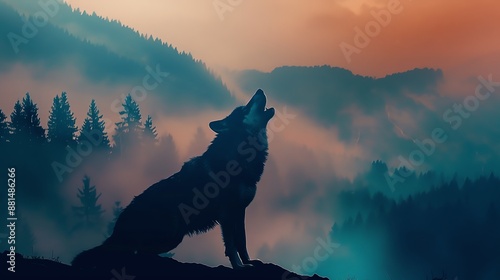Silhouette of a howling wolf against a misty forest landscape at sunset, creating a mystical and serene ambiance.