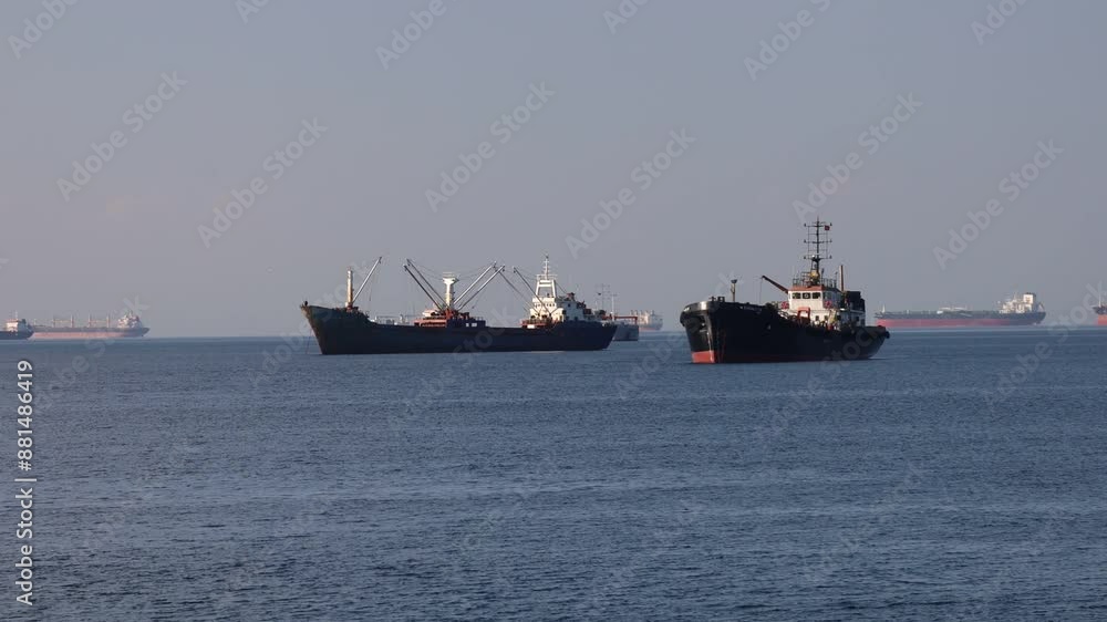 Solitary Cargo Ship Anchored in Calm Waters with Other Ships in the Distance Solitary Cargo Ship Anchored in Calm Waters with Other Ships in the Distance