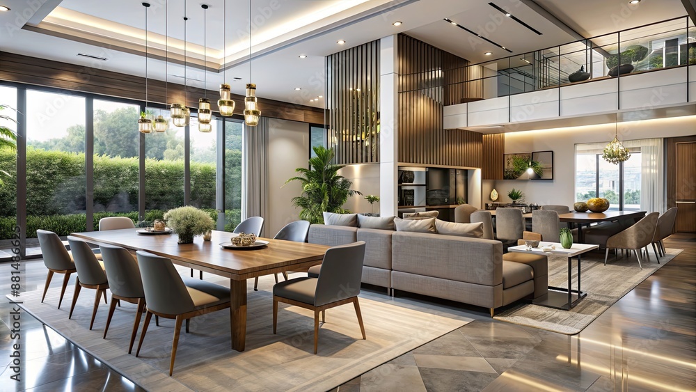 Modern and luxurious open-concept dining and living area featuring sleek furniture, elegant decor Modern and luxurious open-concept dining and living area featuring sleek furniture, elegant decor