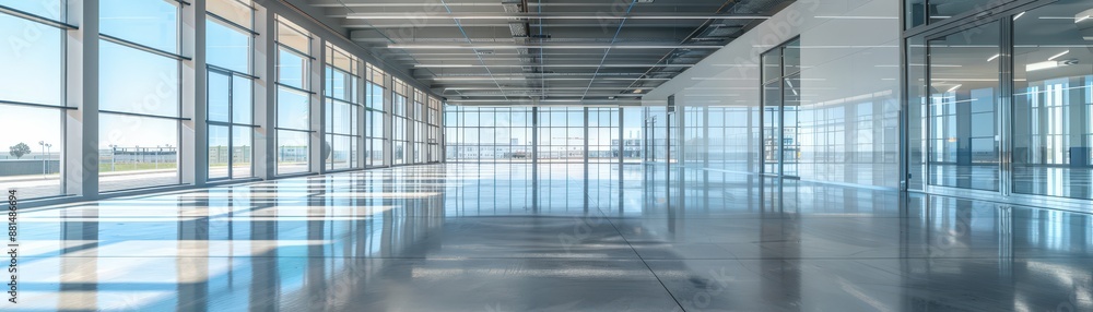 Modern Spacious Office Interior with Large Windows and Polished Concrete Floors Modern Spacious Office Interior with Large Windows and Polished Concrete Floors