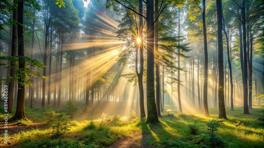 Fototapeta premium Misty forest in the morning with sun rays filtering through the trees, nature, foggy, morning, trees, forest, mist, ethereal