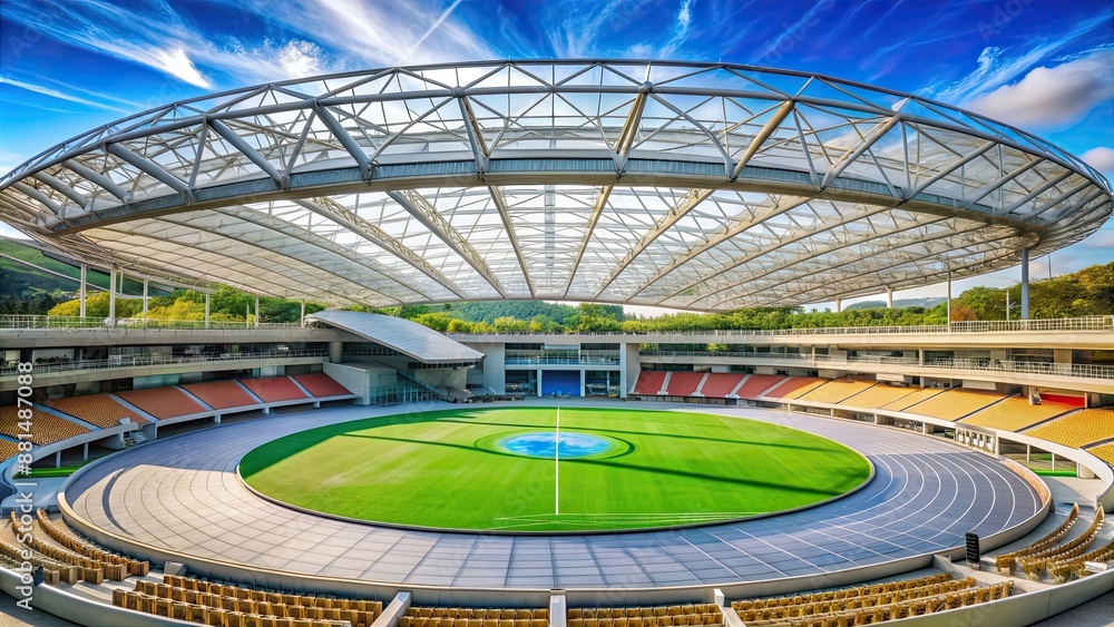 Fototapeta premium Modern sports stadium with circular roof and playgrounds , sports, stadium, modern, circular, roof, playground
