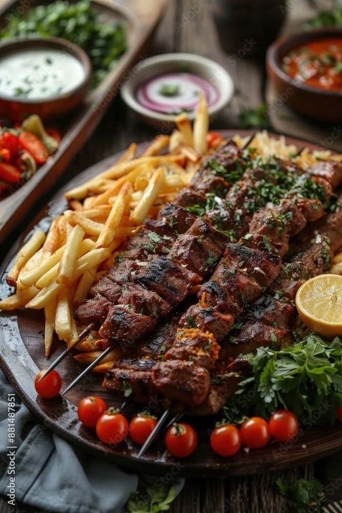 Delicious Grilled Meat Skewers with French Fries and Fresh Vegetables on a Wooden Platter Delicious Grilled Meat Skewers with French Fries and Fresh Vegetables on a Wooden Platter