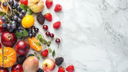 Fototapeta Naklejka Na Ścianę i Meble -  Assorted summer fruits on white marble background for fresh raw food concept Ample space for text