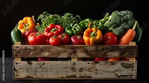 Colorful vegetables in wooden box on black background. Ideal for marketing fresh produce, healthy recipes, or farm stands.