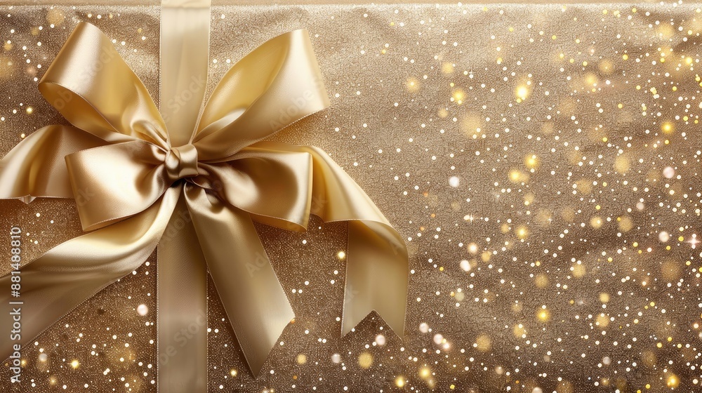 Festive gift card with golden ribbon bow on glittering background for various purposes Festive gift card with golden ribbon bow on glittering background for various purposes