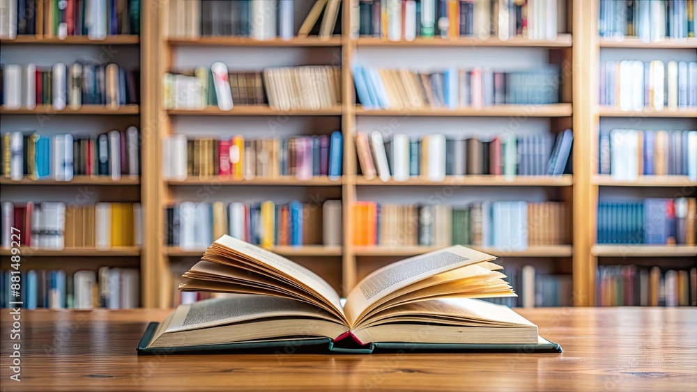 Open book on table with bookshelf in the background, education, knowledge, reading, studying, literature, academic Open book on table with bookshelf in the background, education, knowledge, reading, studying, literature, academic