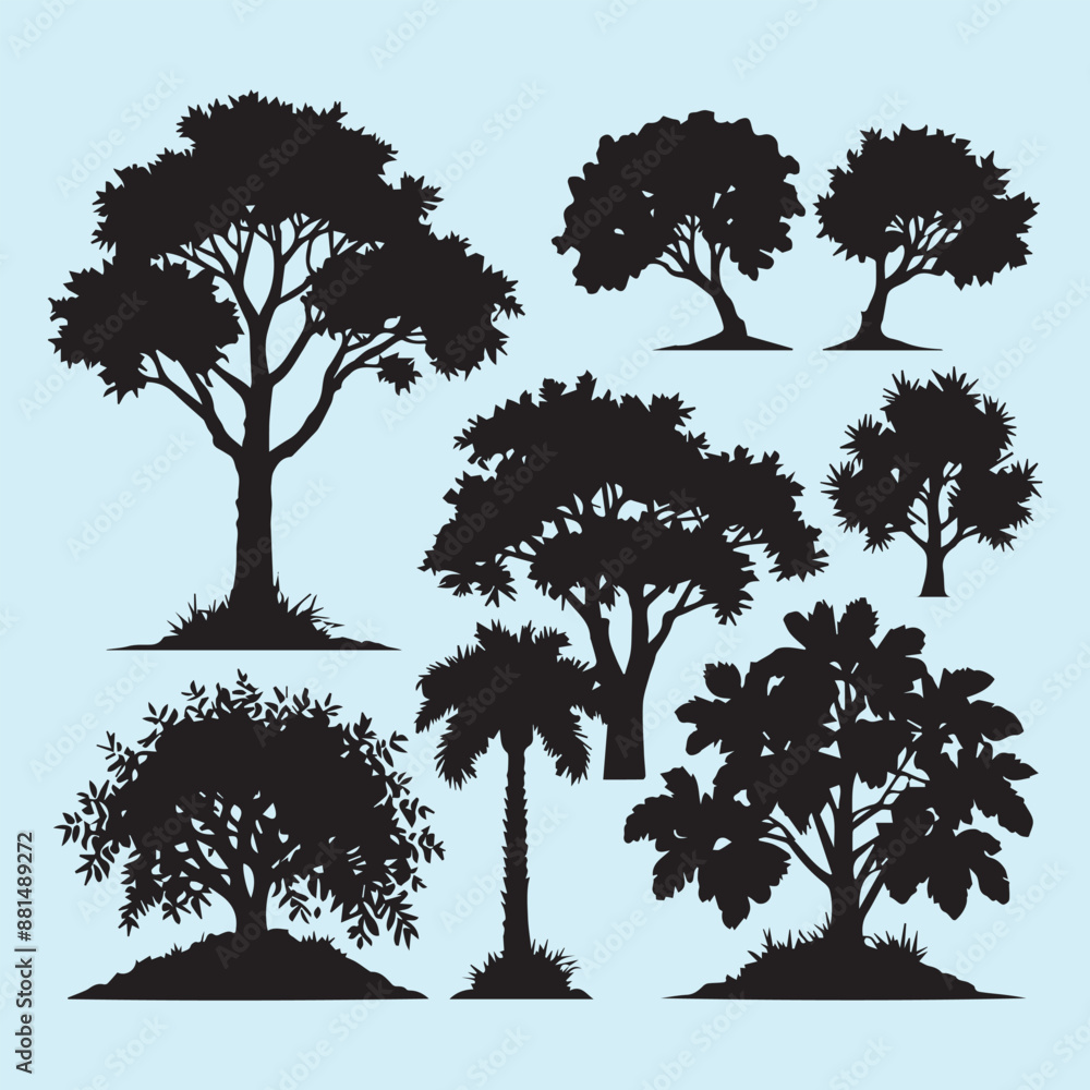 Fototapeta premium Set of plant and tree with its silhouette