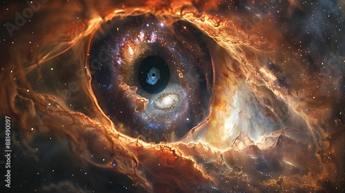 A close up of an eye with a spiral galaxy in the center. The eye is surrounded by a blurry, hazy background. The galaxy appears to be glowing and pulsating, giving the impression of a cosmic explosion
