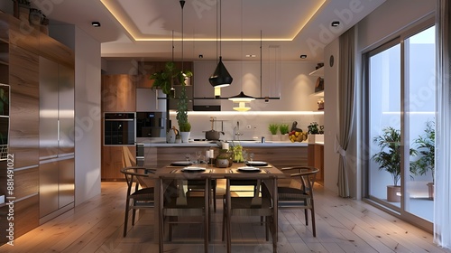 Modern kitchen and dining room interior at home © daniel
