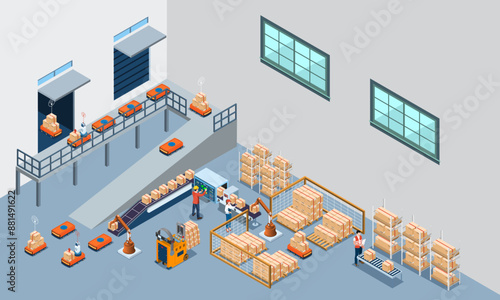 Smart Warehouse Technology and Automated Warehouse Robots Concept with Automated Guided Vehicles (AGVs) and Autonomous Mobile Robots (AMRs). Vector illustration EPS 10