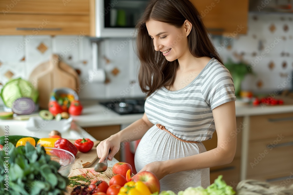Pregnant woman preparing healthy meal in kitchen surrounded by vegetables and fruits, smiling, with nutritious food ingredients and apron, healthy eating concept Pregnant woman preparing healthy meal in kitchen surrounded by vegetables and fruits, smiling, with nutritious food ingredients and apron, healthy eating concept