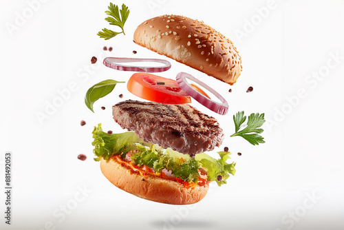 Grill burger, realistic 3d burgers falling in the air, grilled meat collection, ultra realistic, icon, falling, flying, detailed, angle view food photo, burger composition