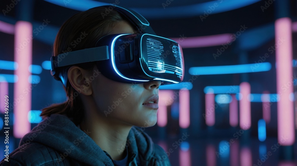 A woman wearing a VR headset explores a neon-lit virtual reality world, experiencing cutting-edge technology and digital immersion.
A woman wearing a VR headset explores a neon-lit virtual reality world, experiencing cutting-edge technology and digital immersion.