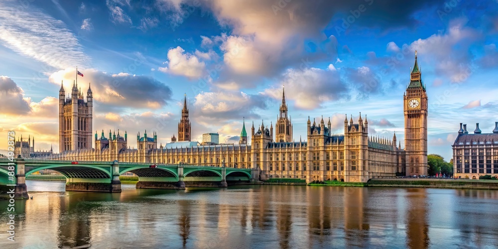 Obraz premium Panoramic view of Houses of Parliament and Westminster Bridge in London during covid19 lockdown