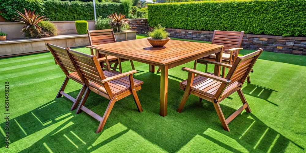 Obraz premium Inviting outdoor setup with wooden table and chairs on vivid green artificial grass , aerial, shot, outdoor, setup, wooden