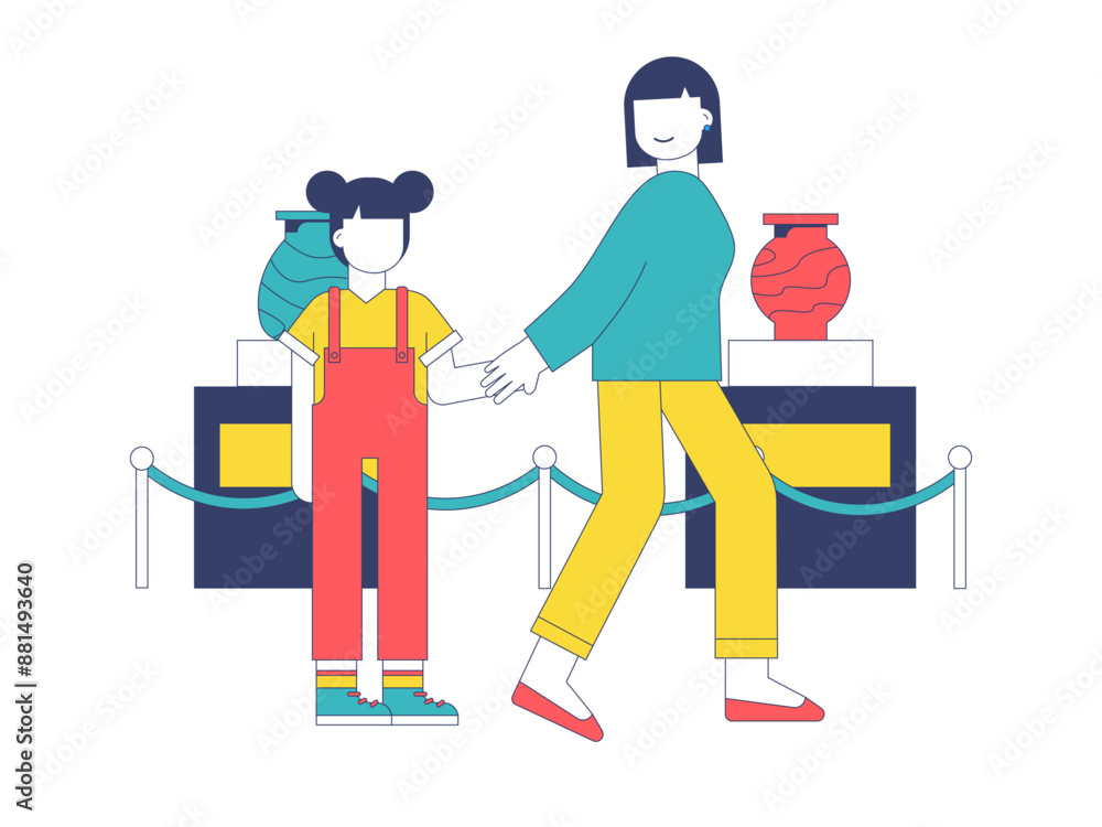 Female walking with her daughter in art gallery. Museum vector illustration Female walking with her daughter in art gallery. Museum vector illustration
