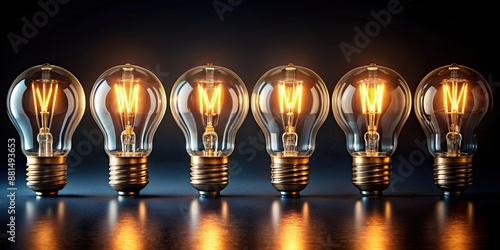 Row of glowing light bulbs on dark background, illumination, bright, energy, idea, creativity, inspiration, innovation