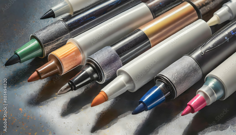 a set of markers, highlighting the different shades and textures of the marker tips. a set of markers, highlighting the different shades and textures of the marker tips.