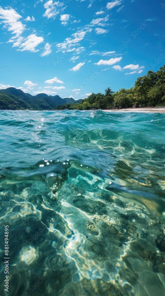 a clear, blue water with a beach scene with a beach and palm trees. a clear, blue water with a beach scene with a beach and palm trees.