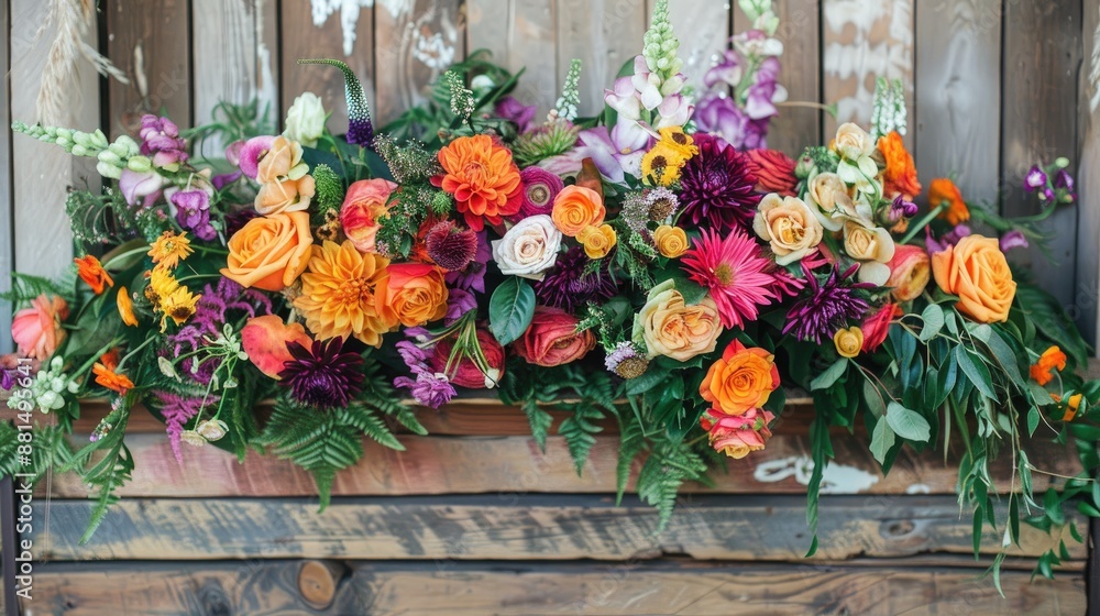 Vibrant floral arrangement on wood backdrop for a festive occasion Vibrant floral arrangement on wood backdrop for a festive occasion