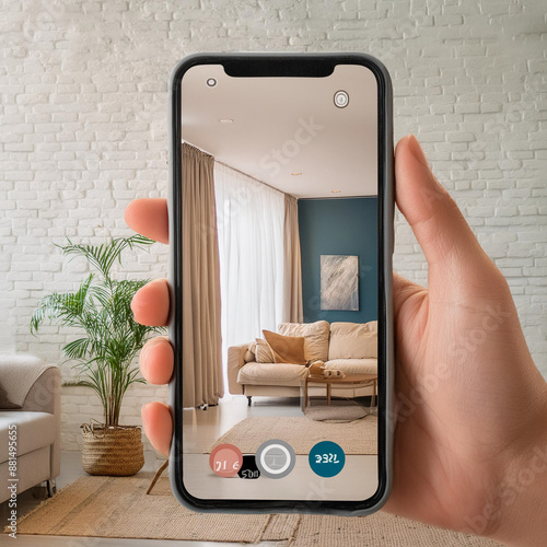 virtual reality mockup from smartphone using augmented technology to fill home interior designs photo