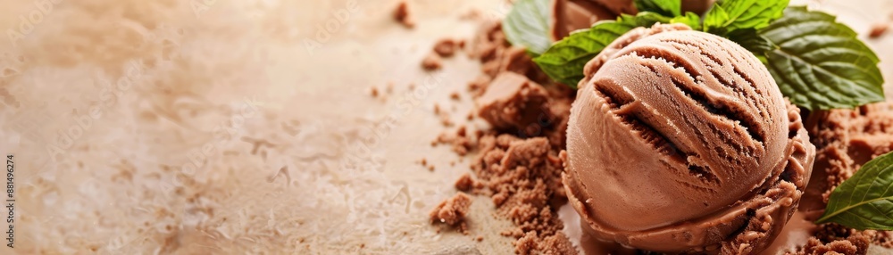 Close-up of a chocolate ice cream scoop with mint leaves on a rustic background. Perfect for food and dessert-themed designs. Close-up of a chocolate ice cream scoop with mint leaves on a rustic background. Perfect for food and dessert-themed designs.