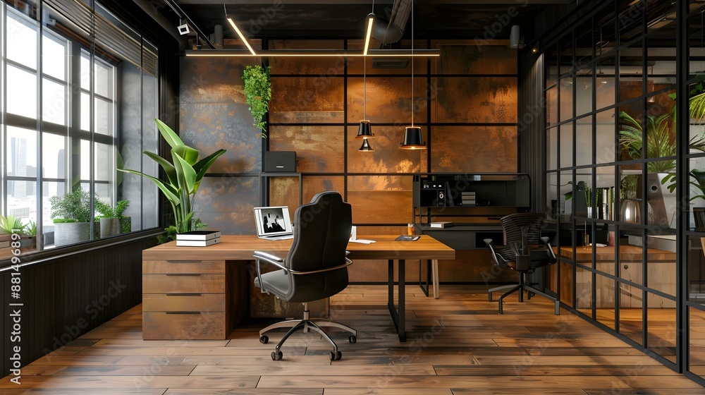 Industrial style office interior with dark walnut wood Industrial style office interior with dark walnut wood
