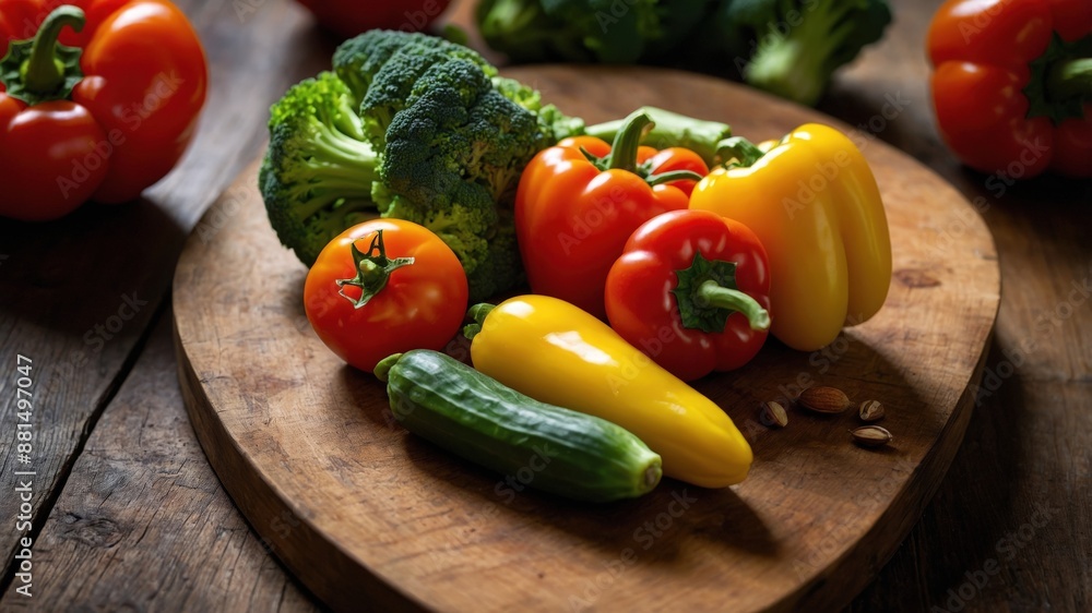 A variety of fresh vegetables including bell peppers, tomatoes, broccoli, and zucchini arranged on a wooden cutting board, showcasing vibrant and healthy produce.
A variety of fresh vegetables including bell peppers, tomatoes, broccoli, and zucchini arranged on a wooden cutting board, showcasing vibrant and healthy produce.