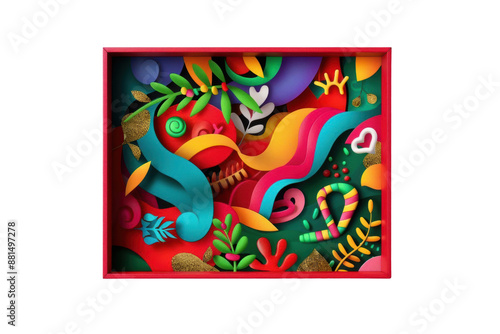 Abstract colorful shapes and patterns inside a red frame, creating a vibrant and playful design.