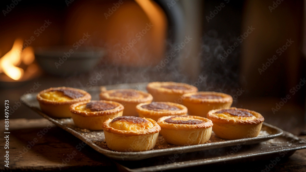 Baking Perfection Capture a close-up shot of a tray of Pastel de Nata baking in an old-fashioned oven Baking Perfection Capture a close-up shot of a tray of Pastel de Nata baking in an old-fashioned oven