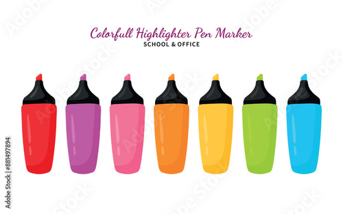 Colorful marker pens highligter set collection for school stationery tool vector illustration