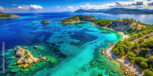 Stunning aerial view of Greece peninsula coastline with crystal clear turquoise waters , Greece, peninsula