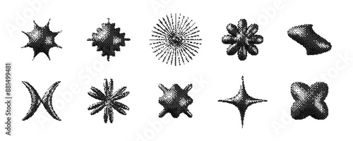 Pixelated 3d Y2K shape set. Bitmap stars, flowers, sparkles element collection. Retro 8 bit sticker form bundle for posters, banners, collage, graphic design, tattoo. Vector dither geometric pack
