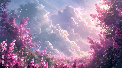 A field of pink flowers with a bright sun in the sky