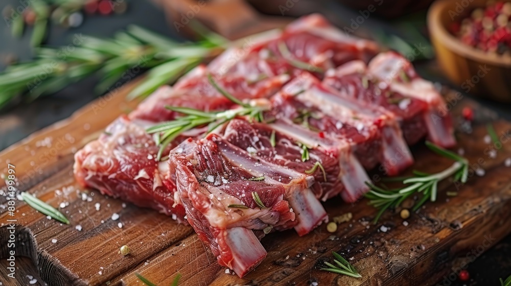 Fototapeta premium Fresh Raw Lamb Ribs on Wooden Cutting Board with Rosemary and Spices Ready for Cooking