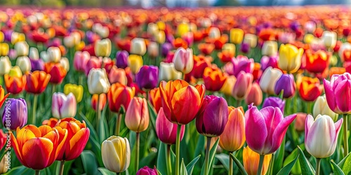 Vibrant field of tulips in full bloom, close up, tulips, flowers, close-up, field, colorful, vibrant, spring, nature, beauty, petals