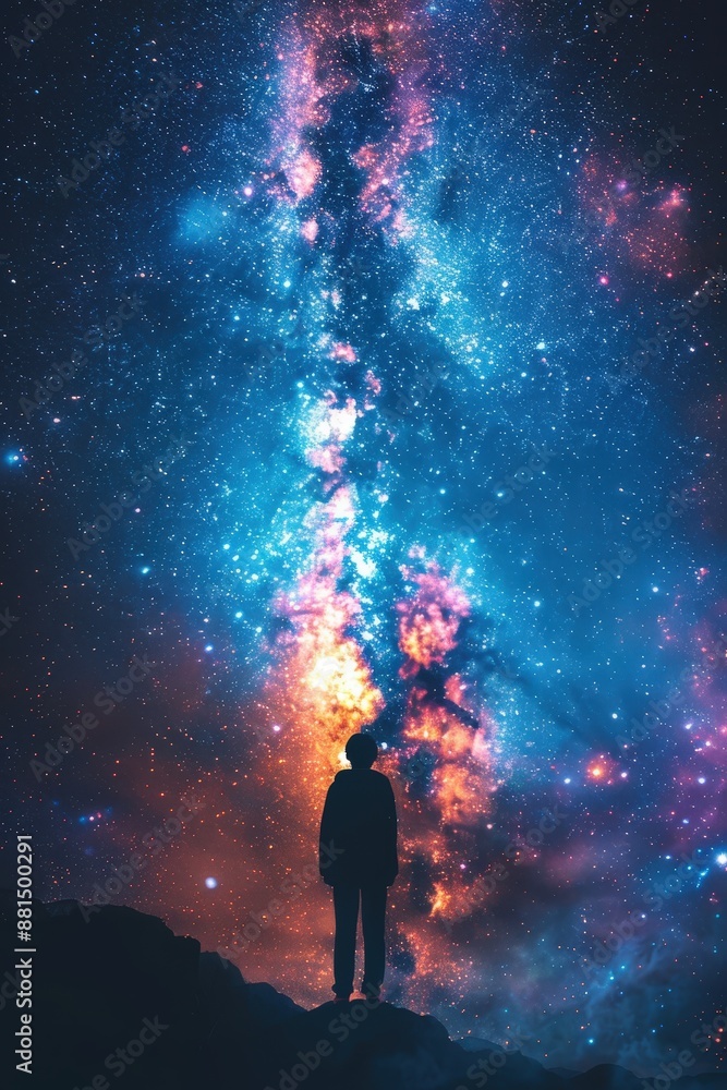 Silhouette of Person Gazing at Vibrant Milky Way Galaxy in Starry Night Sky Silhouette of Person Gazing at Vibrant Milky Way Galaxy in Starry Night Sky