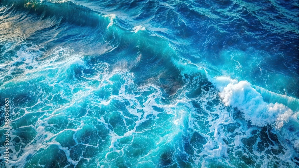 Fototapeta premium Top view of tranquil blue water waves forming an ocean texture background, ocean, waves, texture, sea, water, top view, blue
