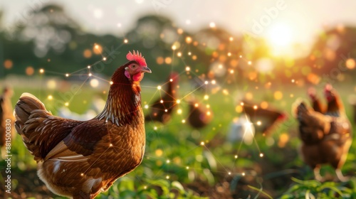 Scene of a chicken farm enhanced with digital icons and nodes, symbolizing the use of cutting-edge technology and data analytics in contemporary agricultural methods