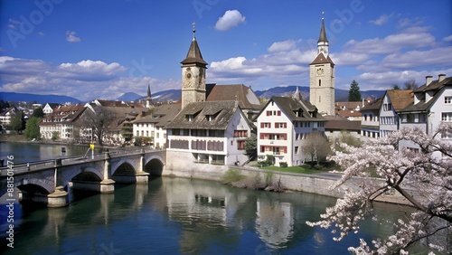 Bremgarten, Altstadt, Reuss, Reussbrücke, Muri-Amthof, Holzbrücke, Altstadthäuser, Spittelturm, Fluss, Aargau, Frühling, Schweiz photo