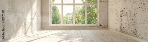 Bright empty room with large window, showing natural light and outdoor greenery. Rustic walls and wooden floor enhancing the minimalist space.