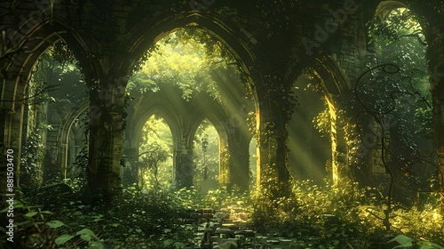 A dark, narrow tunnel with vines growing on the walls. The tunnel is illuminated by sunlight, creating a sense of mystery and intrigue