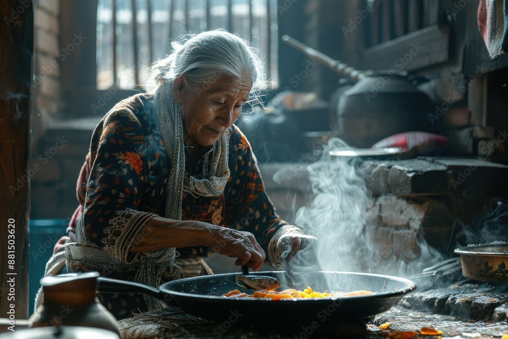 Elderly Woman Cooking Traditional Meal in Rustic Kitchen Surrounded by Steam and Warm Light Elderly Woman Cooking Traditional Meal in Rustic Kitchen Surrounded by Steam and Warm Light