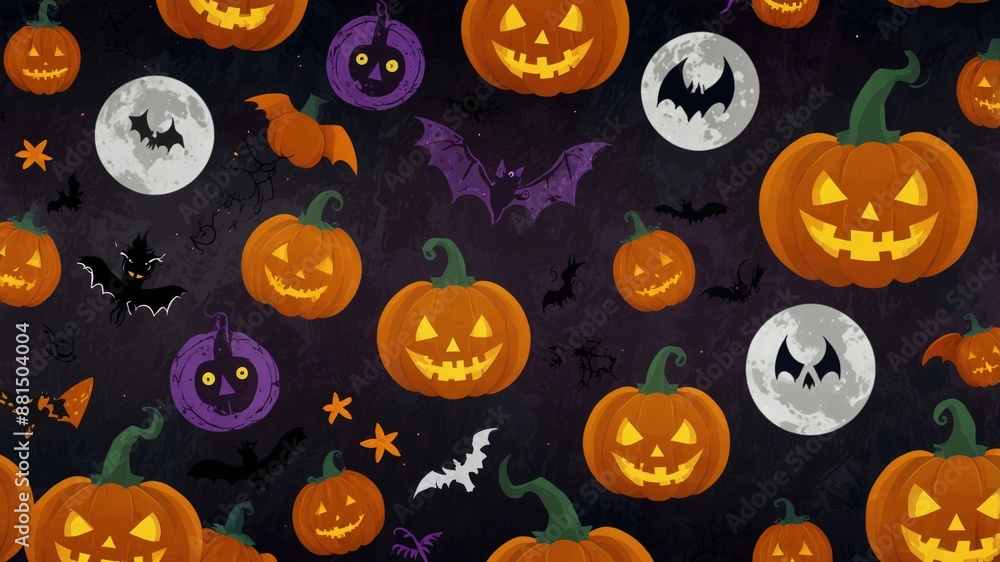 A festive Halloween pattern featuring jack-o'-lanterns, bats, and full moons on a dark background, creating a spooky and playful atmosphere.
A festive Halloween pattern featuring jack-o'-lanterns, bats, and full moons on a dark background, creating a spooky and playful atmosphere.