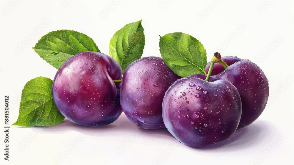 Fresh Purple Plums with Water Droplets and Green Leaves on White Background Fresh Purple Plums with Water Droplets and Green Leaves on White Background