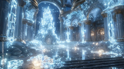 A large white structure with a lot of ice and snow. Scene is cold and serene